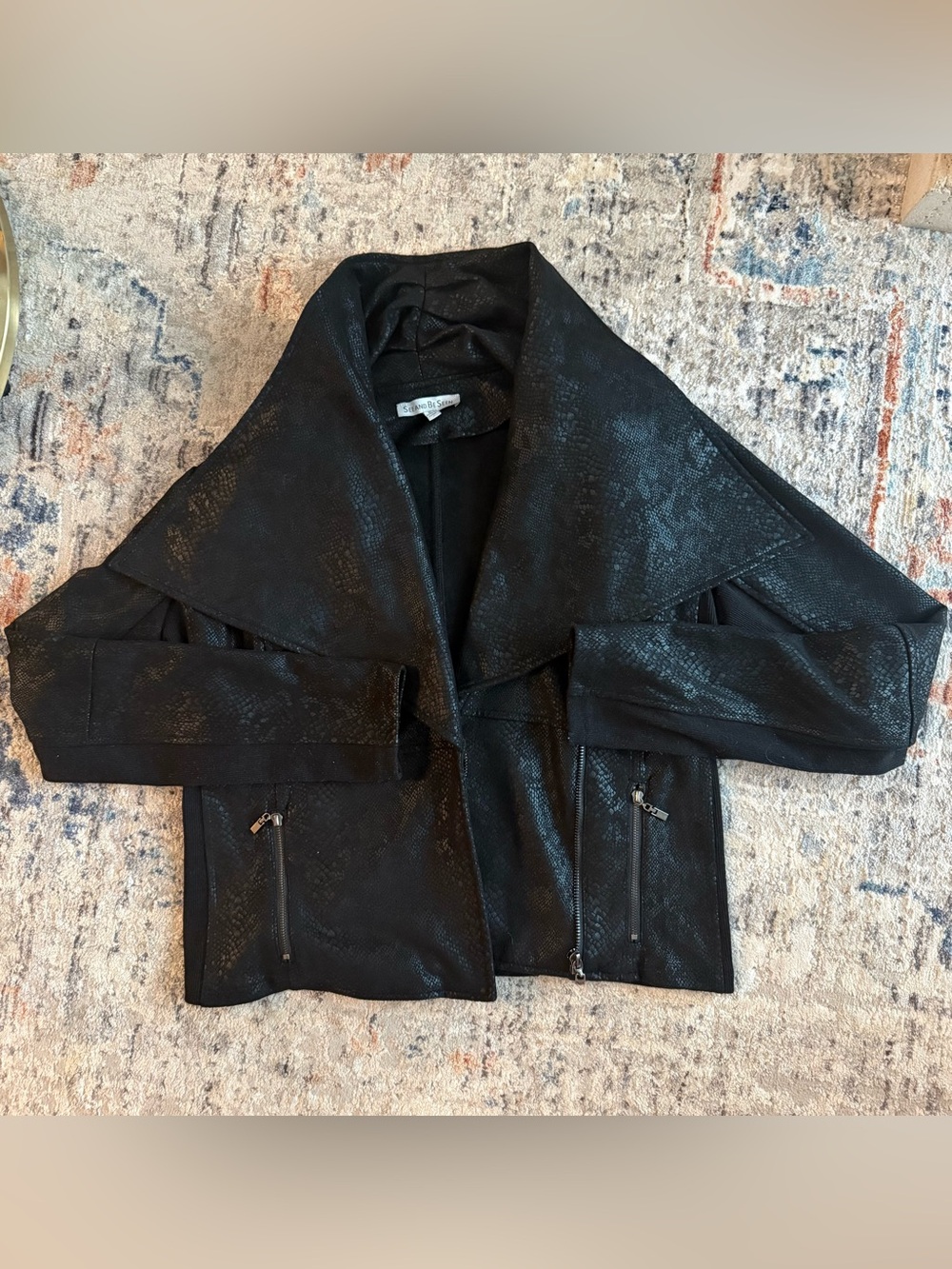 Textured Black Draped Collar Leather Jacket